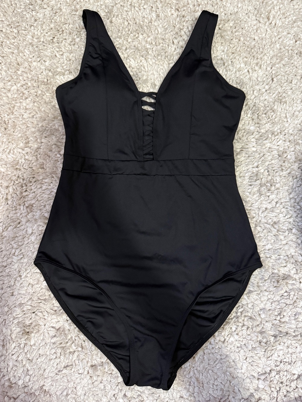 Women's Black One-Piece Swimsuit with Lace-Detail V-Neck